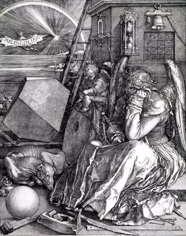 Гравюра Альбрехта Дюрера 'Меланхолия I', демонстрирующая виртуозное владение линией, штрихом и сложной символикой, характерными для станковой графики. Гравюра Альбрехта Дюрера 'Меланхолия I', демонстрирующая виртуозное владение линией, штрихом и сложной символикой, характерными для станковой графики.