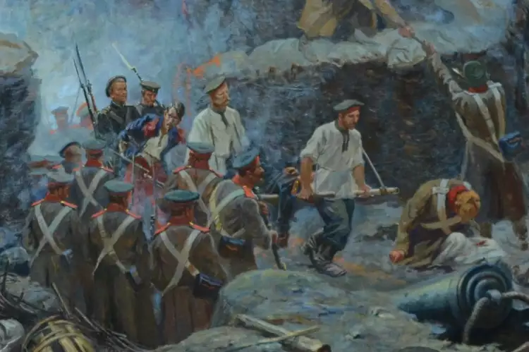 Франц Рубо. Панорама «Оборона Севастополя». Фрагмент «Разведчик Петр Кошка ведет пленного французского солдата», 1905