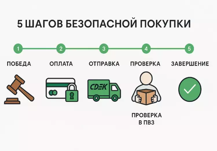 Инфографика 'Алгоритм безопасной покупки': 5 шагов от оплаты в Bidapp24 до проверки товара в СДЭК.