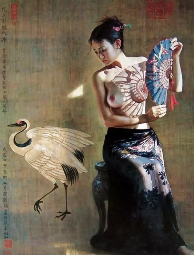 Гуань Цзэцзуй, китайское ню: «Девушка, веер, журавль»