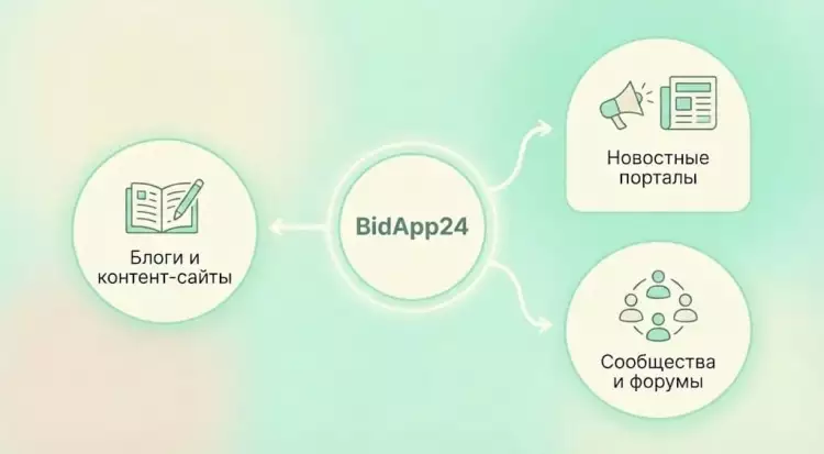 Инфографика, демонстрирующая сценарии использования аукционного виджета на разных типах ресурсов: в медиа-блоге, интернет-магазине и на лендинге эксперта.