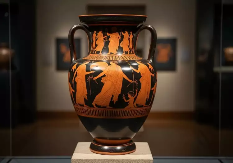 Античная художественная керамика - древнегреческая амфора с росписью.