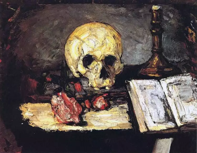 Vanité. Paul Cézanne. Nature morte avec crâne, chandelier et livre, 1866 Vanité. Paul Cézanne. Nature morte avec crâne, chandelier et livre, 1866