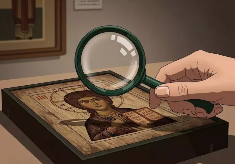 Процесс искусствоведческой экспертизы иконы с использованием микроскопа