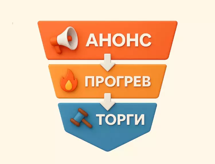 Маркетинговая воронка аукциона, состоящая из трех этапов: Анонс, Прогрев и Торги. Маркетинговая воронка аукциона, состоящая из трех этапов: Анонс, Прогрев и Торги.