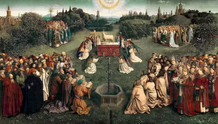 Ян ван Эйк. Картина «Гентский алтарь». Центральная панель «Поклонение мистическому агнцу», 1432