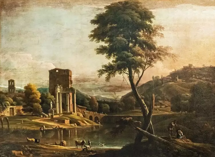 Каприччио. Марко Риччи. Картина «Руины и пруд в римской деревне», 1730 Каприччио. Марко Риччи. Картина «Руины и пруд в римской деревне», 1730
