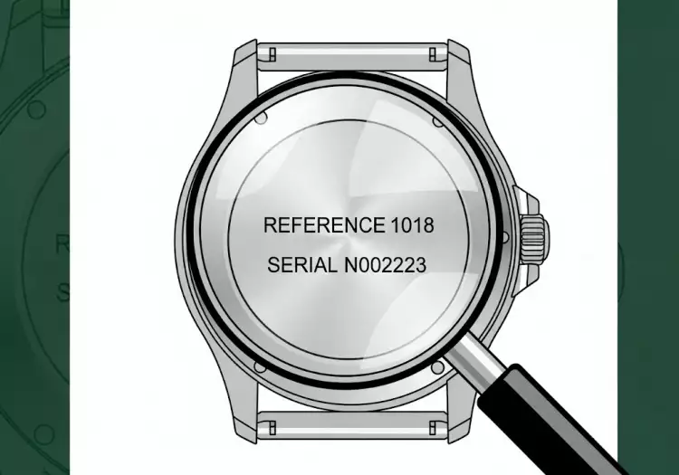 Схема, показывающая, где на часах искать референс и серийный номер