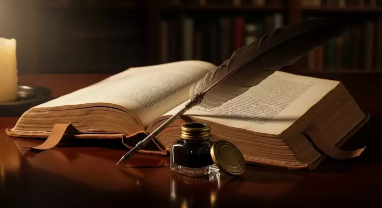 Старинная раскрытая книга и перо на деревянном столе, символизирующие литературу как искусство, созданное словом.
