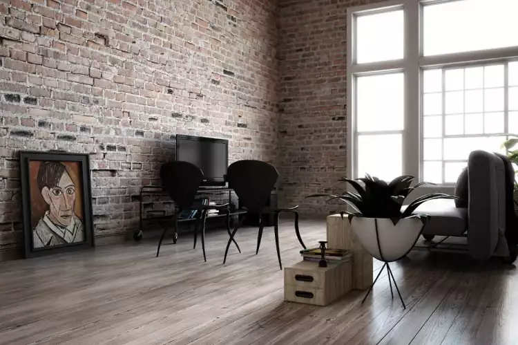 Лофт. Интерьер в стиле лофт, гостиная с картиной у стены