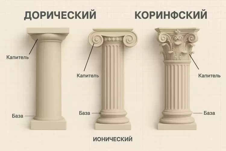 Схема трех греческих архитектурных ордеров: дорического, ионического и коринфского.