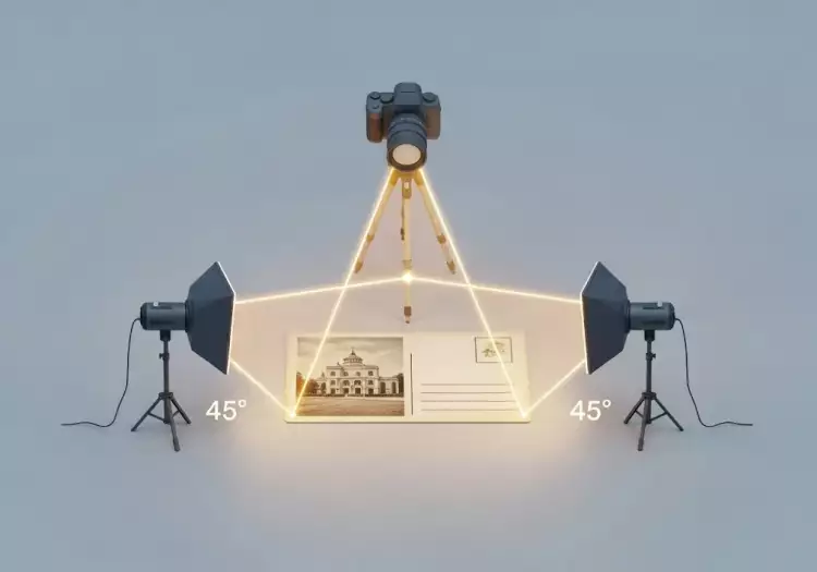 Схема правильного освещения для фотографирования открытки: два источника света под углом 45 градусов и камера на штативе сверху. Схема правильного освещения для фотографирования открытки: два источника света под углом 45 градусов и камера на штативе сверху.
