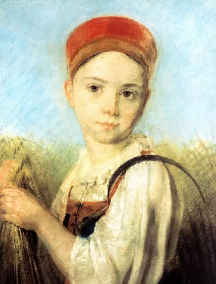Pastell. Alexei Wenezianow. Bäuerin mit Sichel im Roggen, 1820 Pastell. Alexei Wenezianow. Bäuerin mit Sichel im Roggen, 1820