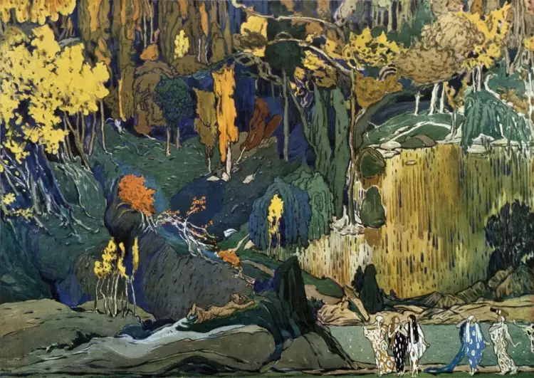 Лев Бакст. Эскиз декорации к балету «Послеполуденный отдых фавна», 1911 Лев Бакст. Эскиз декорации к балету «Послеполуденный отдых фавна», 1911