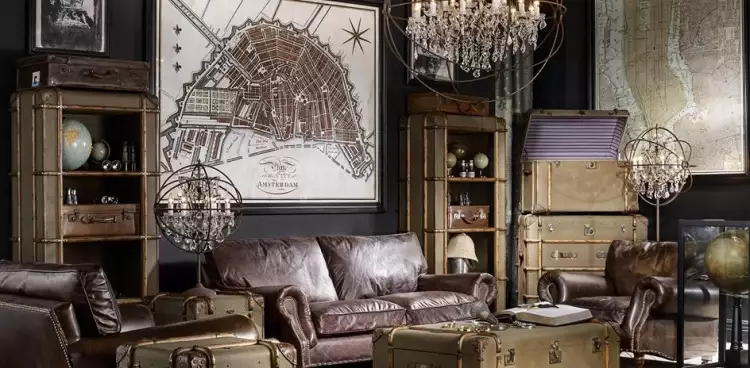 Винтажный стиль в интерьере. Интерьер гостиной путешественника в винтажном стиле