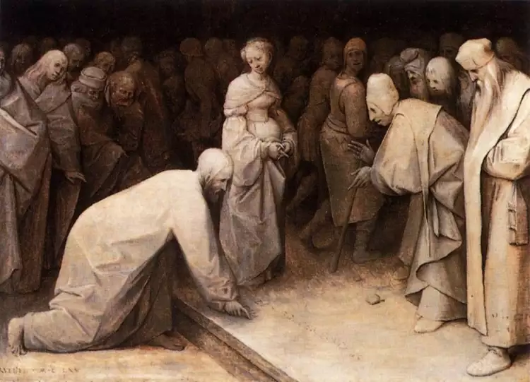 Grisaille. Pieter Bruegel the Elder. Christ and the Woman Taken in Adultery, 1565