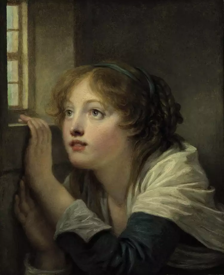 Sentimentalismus. Jean-Baptiste Greuze. Junges Mädchen am Fenster, zweite Hälfte des 18. Jahrhunderts Sentimentalismus. Jean-Baptiste Greuze. Junges Mädchen am Fenster, zweite Hälfte des 18. Jahrhunderts