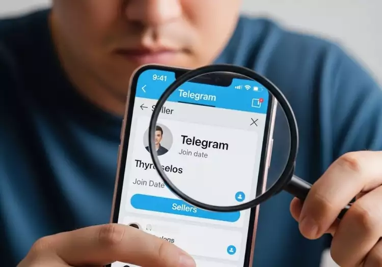 Лупа, наведенная на экран смартфона, где подсвечены подозрительные детали в профиле Telegram-продавца.