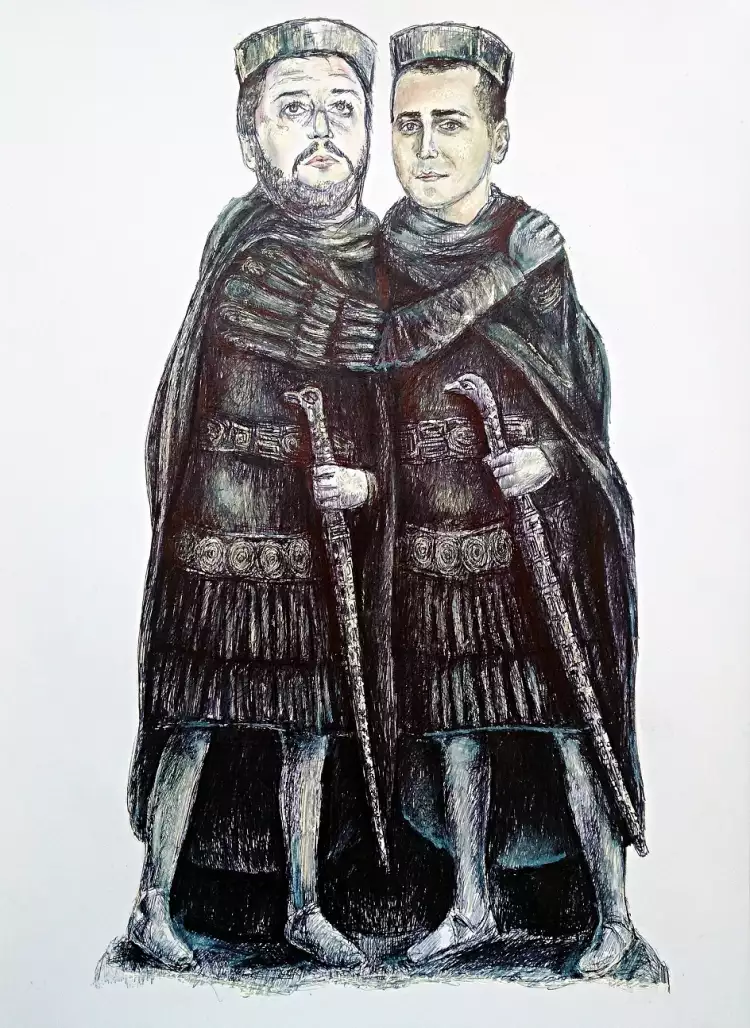 Giovanni Guida. Diarchia: die Umarmung von Matteo Salvini und Luigi Di Maio, 2019 Giovanni Guida. Diarchia: die Umarmung von Matteo Salvini und Luigi Di Maio, 2019