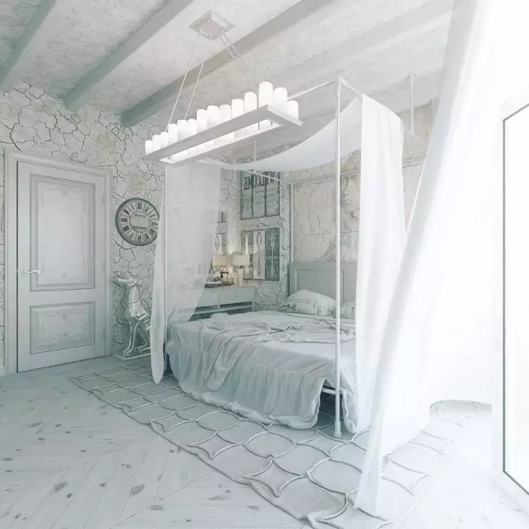 Прованс. Интерьер спальни с кроватью и балдахином в стиле прованс