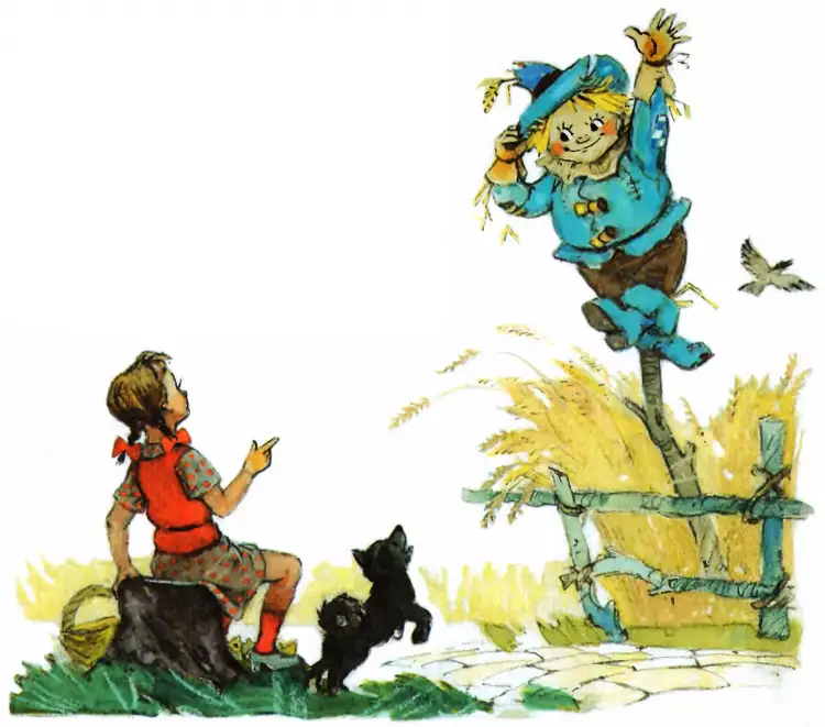 Иллюстрации Леонида Владимирского. Элли встречает Страшилу