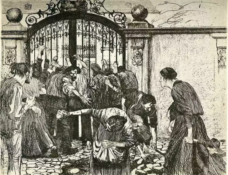 Гравюра. Мягкий лак. Кете Кольвиц. «Штурм ворот», 1893-1897 Гравюра. Мягкий лак. Кете Кольвиц. «Штурм ворот», 1893-1897