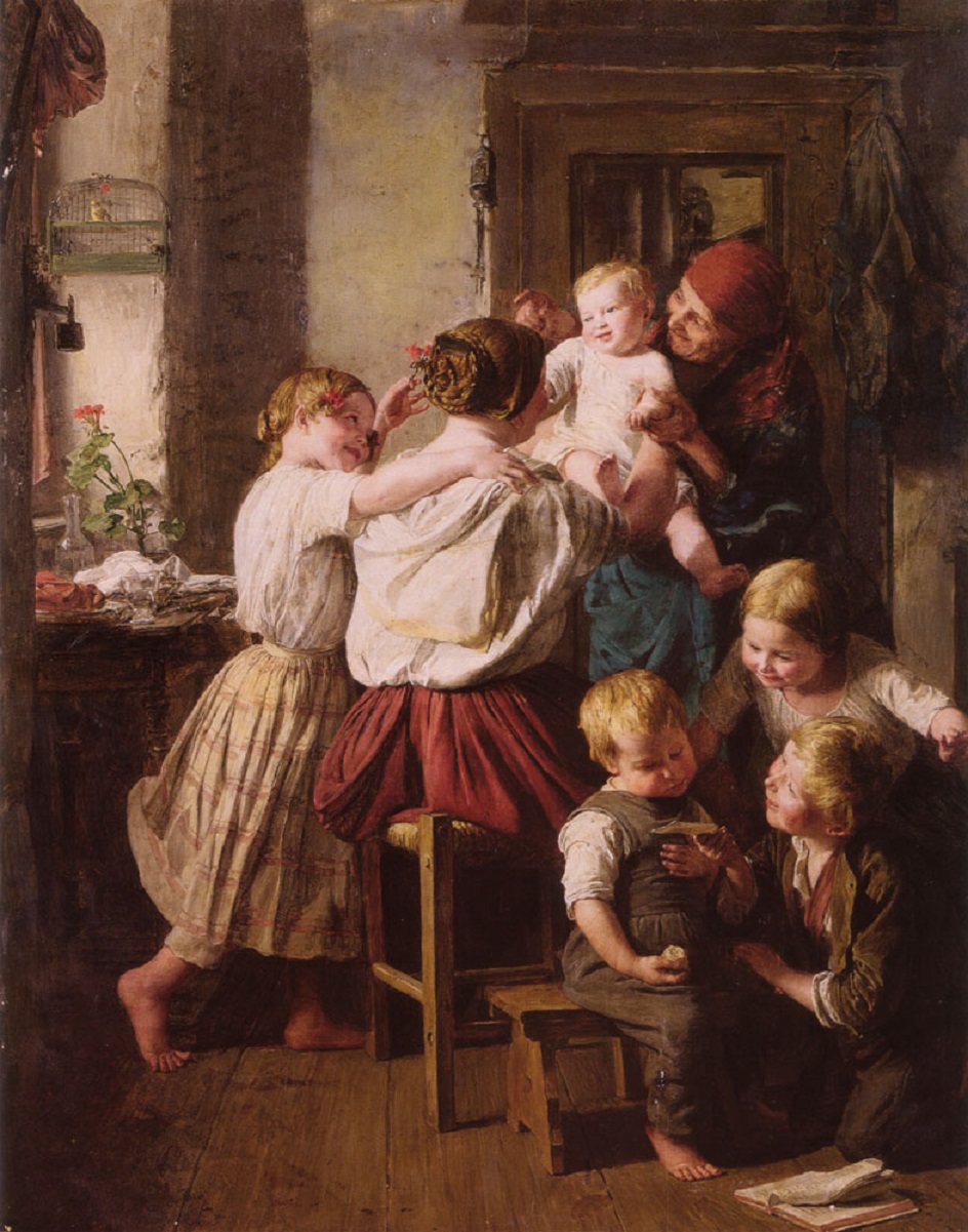 Картина в стиле бидермейер. Фердинанд Георг Вальдмюллер. Дети с бабушкой