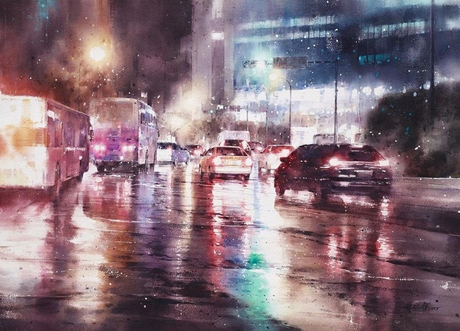 Акварель. Лин Чинг Че. «Ночной город. Дождь», 2000-е годы