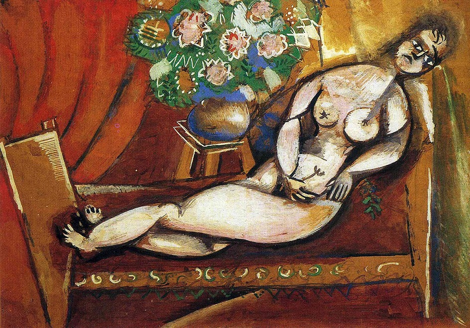 Гуашь. Марк Шагал. «Полулежащая обнаженная», 1911