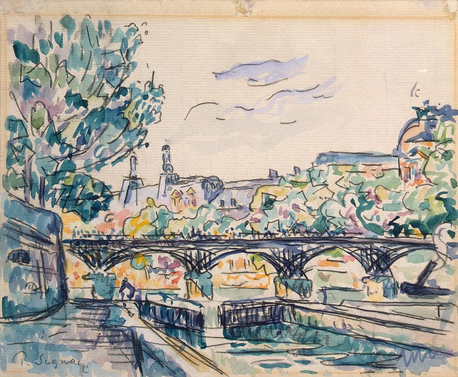 Гуашь. Поль Синьяк. «Набережная Сены около моста Искусств с видом на Лувр», 1920-е