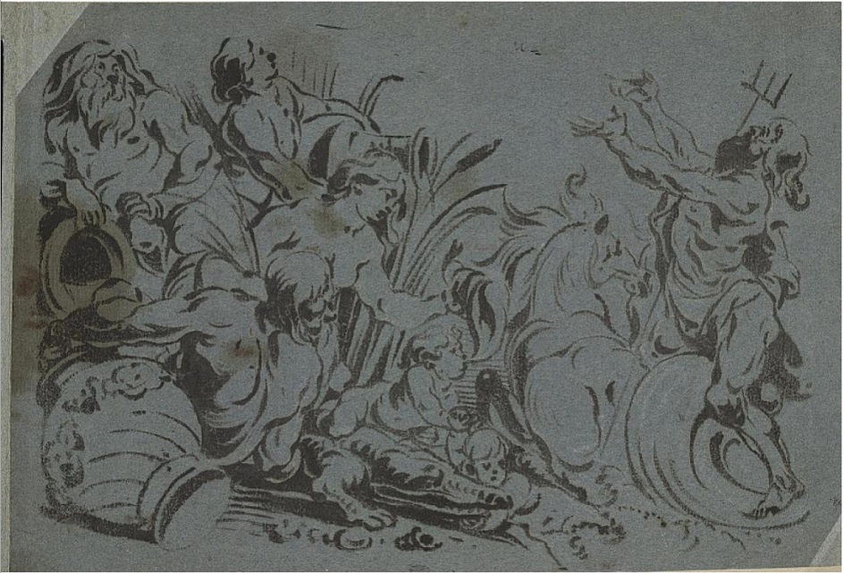 Монотипия. Антонис Саллерт. «Мистическая сцена с Нептуном и речным богом», 1640