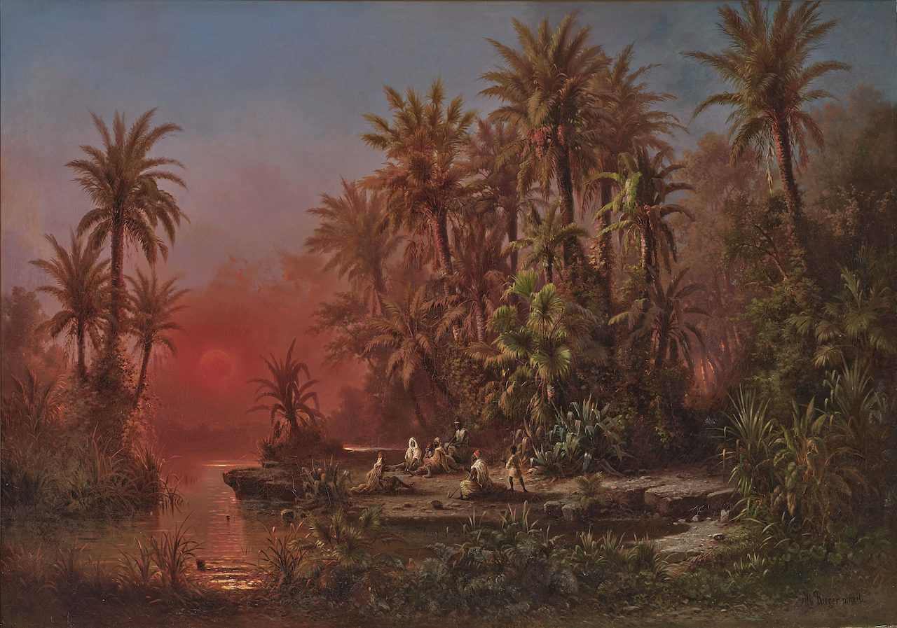 Gemälde "Oase bei Sonnenuntergang" von Albert Rieger, 19. Jahrhundert