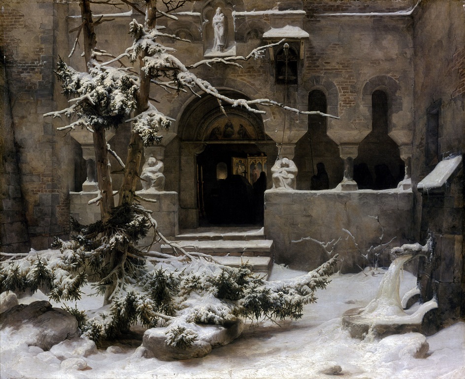 Пейзаж в живописи. Романтический пейзаж. Карл Фридрих Лессинг. «Монастырский двор в снегу»