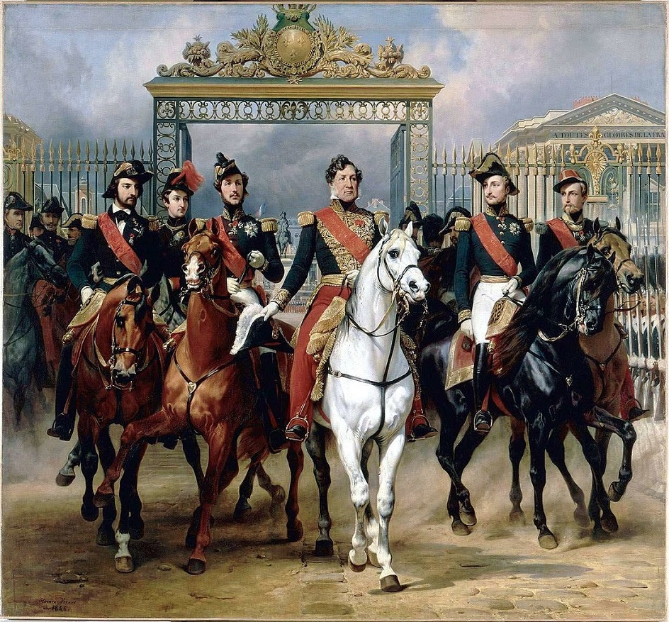 Орас Верне. Картина «Король Луи-Филипп в окружении своих пятерых сыновей выходит через почетные ворота Версальского дворца после прохождения военного осмотра», 1846