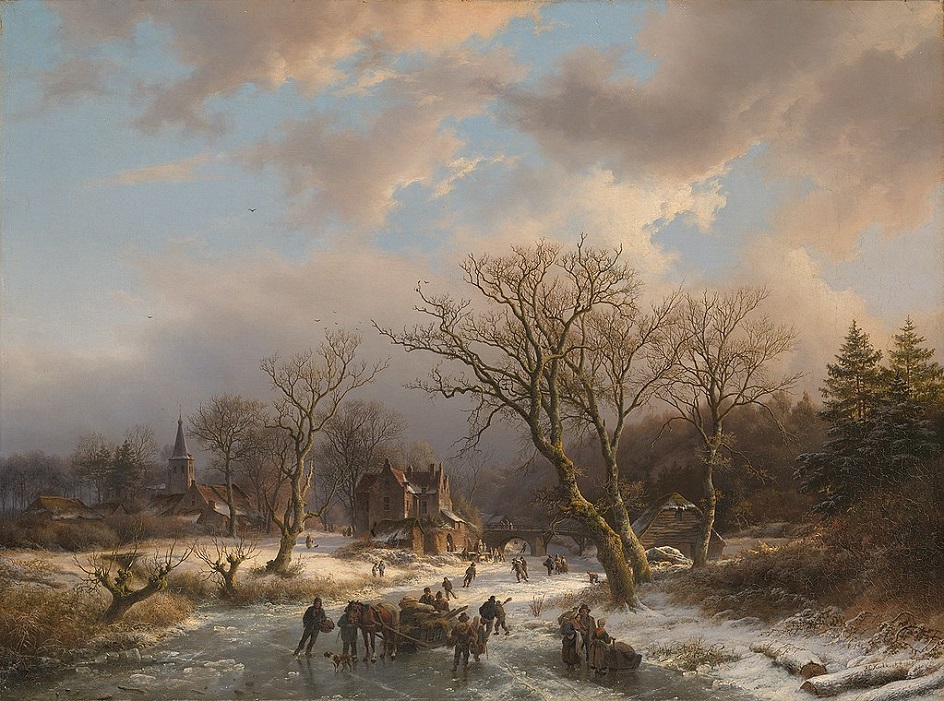 Баренд Корнелис Куккук. Картина «Деревня и старое здание среди деревьев у замерзшей реки», 1845