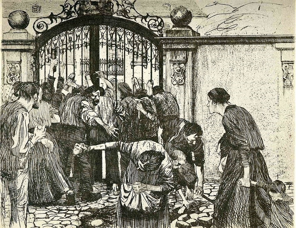 Кете Кольвиц. Гравюра «Штурм» из серии «Восстание ткачей», 1893-1897