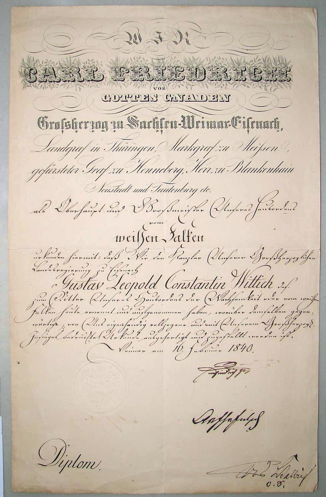 Орден Белого Сокола. Диплом о награждении орденом Белого Сокола Великого Герцога Саксонского Канцлера Густава Виттиха, 1840