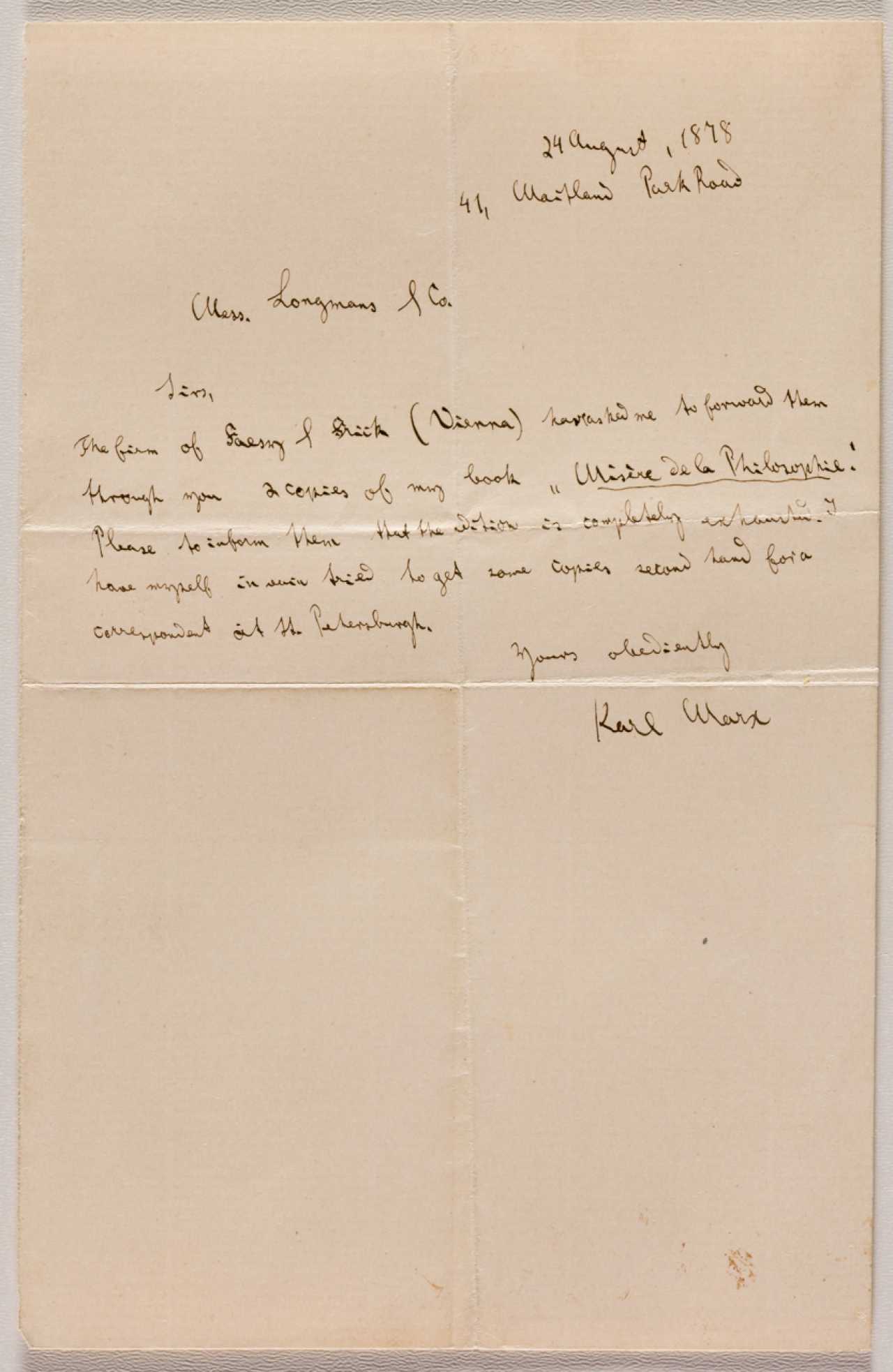 20-й аукцион Galerie Moenius AG. Лот 71 — Письмо Карла Маркса от 28 августа 1878 года