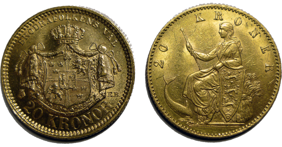 Нумизматика. Две золотые монеты номиналом 20 крон Скандинавского валютного союза, конец XIX века