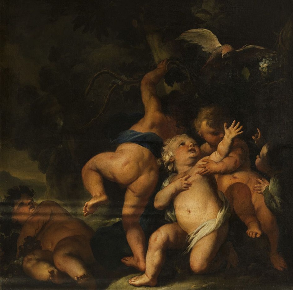 Петер Штрудель. Картина «Пятеро детей играют с виноградной лозой и попугаем», 1708